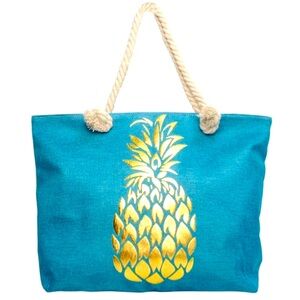BEACH TIME!!!  Large Blue & Gold Pineapple Canvas Tote